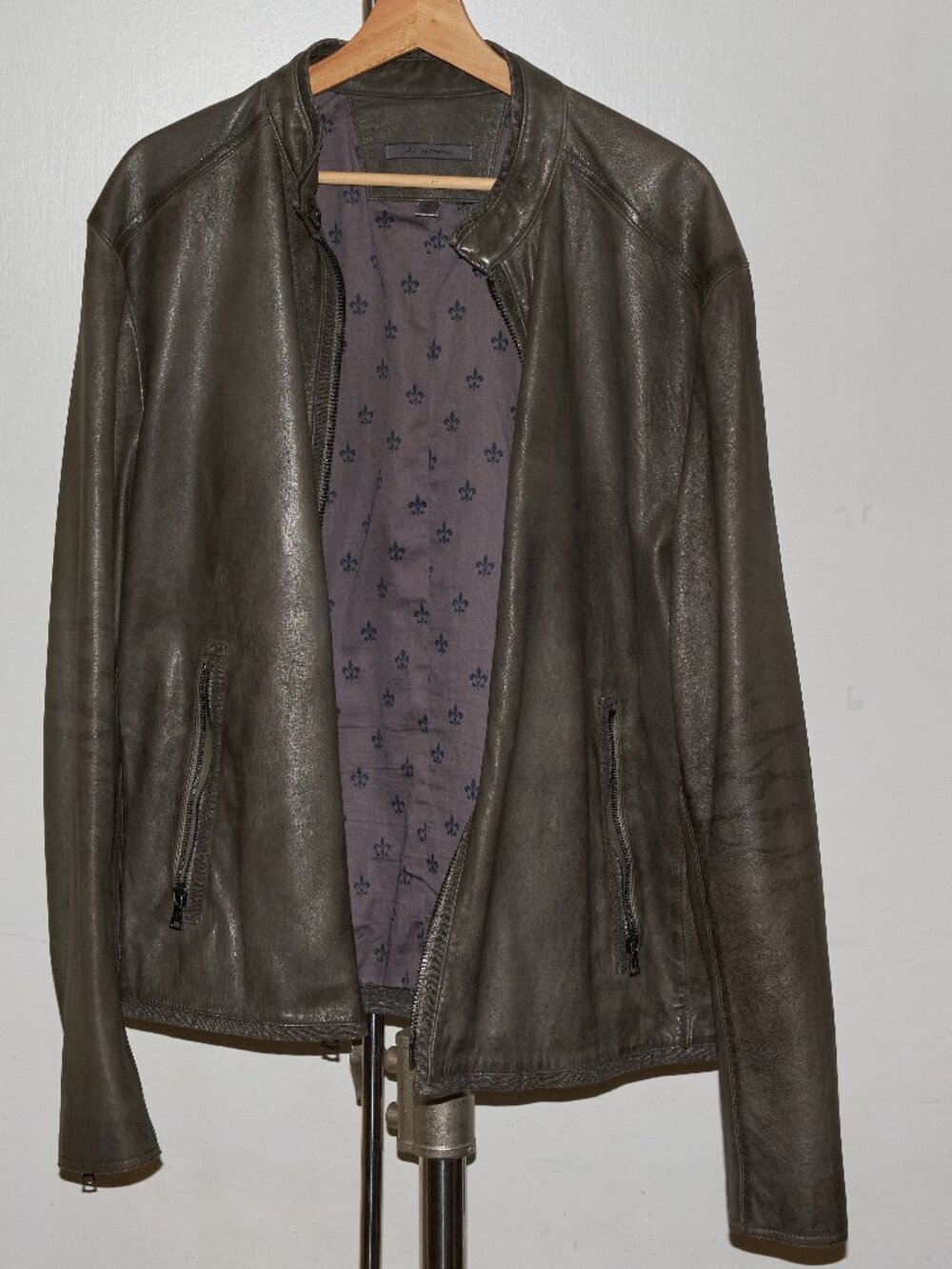 John Varvatos Mainline Lambskin Leather Racer Jacket Gray Taupe Men’s EU 54